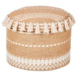 Pouf Tissé en Jute Coton et Laine Beige 50 cm Remplissage Billes EPS à Pompons