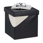 relaxdays Pouf de Rangement, Tabouret Pliable, rembourré, Similicuir, 40 litres, Cube, HxLxP 38 x 37 x 37 cm, Noir