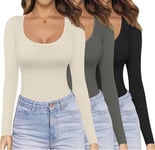 Ekouaer Long Sleeve Top Women 3 Pack Thermal Shirt Underscrubs Tee Ladies Thermal Tops Black/Darkgray/Beige S