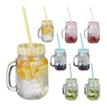 Relaxdays Drinking Mason Jam Jars with Reusable Straws and Handles, Set of 8, 400 ml, Colourful Iced Beverages Glass Set