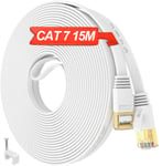 Cable Ethernet 15m Cat 7, Cable RJ45 15m Blindé Câble Réseau Plat Haut Débit Cable Internet Extérieur Intérieur S/FTP 10Gbps 600MHz, Gigabit Blanc Cable LAN Imperméable Pour Routeur PC (15.[G1190]