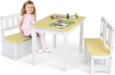 4 Pcs Ensemble de Table Et Chaises Enfant 2 en 1 Ensemble De Table Activites avec 2 Chaises 1 Banc De Rangement Naturel