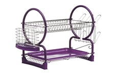 Premier Housewares 2 Tier Dish Drying Rack | Chrome Draining Board Rack for Kitchen Counter| Cutlery Dish Drainer Rack | Dishes Utensils Organizer with Removable Drip Tray | Purple