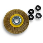 Brosse circulaire laiton ø 100 mm Epaisseur 2 rangs Fil souple 0.20 mm ondulé Alésage 16 mm Touret meuleuse affûteuse ponceuse Brossage décapage