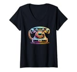 Womens Colorful Line Art Vintage Telephone Landline Dial V-Neck T-Shirt