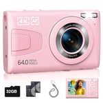 Pink Digital Camera with 32G SD Card, 64MP 4K Digital Camera Cheap 18x Zoom for Travel Party Youtube Portable Compact Retro Vlogging Camera for Kids Student Teens Adult Beginner