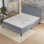 sensoreve Ensemble Matelas + LIT (140x190cm)- Matelas Eliha 20cm Ressorts ensachés & Mousse HDensité + Sommier tête de lit Bois Stable & Robuste revêtement synthétique Gris