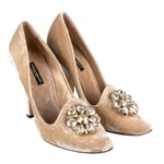 DOLCE & GABBANA Velvet Crystal Brooch Pumps Heels ALADINO Beige 39 US 9 13682