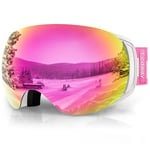 Findway Masque de Ski Magnetique, Lunettes de Ski Femme Homme OTG pour Snowboard et Ski Anti-buée, Anti-UV 400,Rose Interchangeables Lentille Sphérique