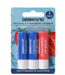 Pack of 3 DermaV10 Original & Strawberry Lip Balms Moisturise Soften Protect