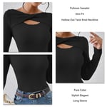 Slim Sweater Hollow Out Twist Knot Neckline Tight Fit Knit Pullover Top Black S