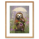 Artery8 Picking Flowers in the Rain Oil Painting Cute Sloth with an Umbrella in a Wildflower Meadow Kids Bedroom Artwork Framed Wall Art Print 9X7 Inch