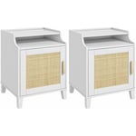 Lot de 2 chevets tables de nuit style bohème chic - total 2 portes, 2 étagères, 2 niches - cannage en rotin mdf blanc