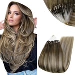 RUNATURE Extension a Froid Anneaux Extension Cheveux Naturel Balayage Brun Foncé à Brun Clair avec Blond Extension Vrai Cheveux Humain Micro Loops 18 Pouces/45cm 50 Mèches/50g #3/8/22