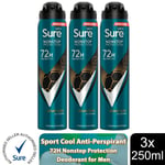 Sure Men Anti-perspirant 72H Nonstop Protection Sport Cool Deodorant, 3x250ml