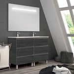 Meuble de salle de bain double vasque - 6 tiroirs - ebony (bois noir) - palma et miroir Led stam - 120cm