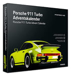 FRANZIS 55109 - Porsche 911 Turbo Calendrier de l'Avent vert clair, kit de modèle réduit en métal à l'échelle 1:43, module sonore et livre d'accompagnement de 52 pages inclus