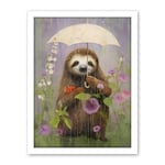 Artery8 Picking Flowers in the Rain Oil Painting Cute Sloth with an Umbrella in a Wildflower Meadow Kids Bedroom Artwork Framed Wall Art Print 18X24 Inch