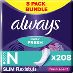 Always Dailies Panty Liners for Women, SlimFlexistyle,208 Liners(26X8Packs) 