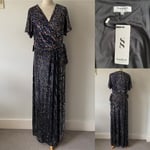 Studio 8 Phase Eight Black Silver Sequin Amily Maxi Wrap Dress UK 20 NWT RRP£199