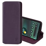 32nd Classic Series 2.0 - Real Leather Book Wallet Flip Case Cover For Google Pixel 6A, Real Leather Design With Card Slot, Magnetic Closure and Built In Stand - Aubergine