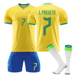 Qatar 2022 fotbolls-VM Brasilien Hemma Lucas Paqueta #7 Tröja Samba Fotboll T-shirts herr Set Barn Ungdomar Kids 22(120-130cm)