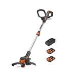 Worx Coupe Bordure sans Fil avec Batterie 20V WG163E.3 Débroussailleuse Ø30cm avec 2pcs 2.0Ah 20V PowerShare pour Pelouse Domestique 3m 1.65mm Fil Tête Rotative à 90° Manche Télescopique