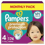 Pampers Premium Protection Size 4, 174 Nappies, 9kg-14kg, Monthly Pack, Double Protection for skin and against leaks