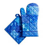 Maison d' Hermine Gant de four + maniques 100 % coton, gants de cuisine résistants à la chaleur (19 x 33 cm) et maniques (20 x 20 cm) pour cuisine, barbecue, Indigo Love - Printemps/été