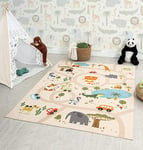 the carpet Happy Life Tapis de Jeu, pour la Chambre, Convient aux Enfants, avec Motif de la Rue, de la Route, de la Jungle, des Animaux et des Voitures, Beige, 240 x 340 cm