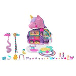 Polly Pocket Mini Toys, Rainbow Unicorn Salon Styling Head and Playset with 2 Micro Dolls, 20+ Accessories and Moving Features, HKV51