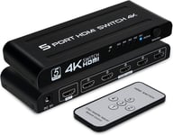 4K Switch Hdmi 5 Entrées 1 Sortie, 5X1 Commutateur Hdmi 5 Ports Avec Télécommande Pr En Charge 4K Uhd 3D, Multipr Hdmi Pour Tv Dvd Ps4 Xbox Lecteur Blu-Ray [L1237]