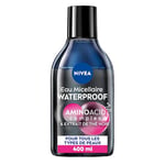 NIVEA Eau Micellaire WATERPROOF tous types de peaux (1 x 400 ml), nettoyant visage & yeux sensibles, démaquillant biphase enrichi en extrait de Thé Noir