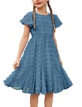 Flypigs Robe pour Filles décontractée Ample Mignonne élégante Princesse Longueur Genou Mousseline de Soie Robe d'été Robe décontractée Bleu Marine 10-11 Ans