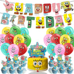 Tecknad Svampbob Fyrkant Födelsedagsfesttillbehör - 32st Födelsedagsfest set med Grattis på födelsedagen Banner Cake Topper Cupcake Toppers Bal