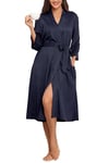 Lovasy Peignoir Long Femme en Tricot Gaufré Robes de Chambre Doux et Léger Longueur sous les Genoux Loungewear Col V avec Ceinture A Bleu marine(Petite Gaufré) XL