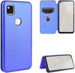 Compatible Avec Coque Google Pixel 4a 4g, Mince Flip Fibre De Carbone [Test De Chute] Antichoc Stand Fente Avec Carte, Protecteur D'écran En Verre Trempé*2-Bleu