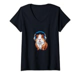 Womens Guinea Pigs Funny Cute Headset Watercolor Headphones Musical V-Neck T-Shirt