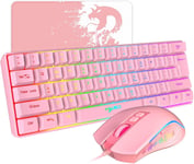 V700 Ensemble Clavier Et Souris De Jeu,Clavier De Jeu 60%,Disposition Compacte 61 Touches,Rétroéclairage Rvb,Souris À Capteur Optique Avec Lumière Led Colorée,Jusqu'À 3600 Dpi,Pour Pc,Mac-Rose