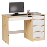 Idimex - Bureau hugo avec rangement 5 tiroirs style scandinave en pin massif vernis naturel et lasuré blanc - Blanc/Naturel