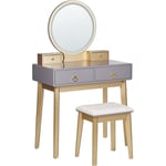 Coiffeuse avec Tabouret et Miroir en Bois et mdf Polyester Gris et Doré Fedry