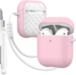 Étui pour AirPods Case Cover avec kit de Nettoyage, Housse de Protection complète Contre Les Chutes avec lanière, Couleur Macaron Jeune pour Airpods 2/1 gén,Rose/Blanc