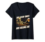 Womens The Good Times Are Killing Me - Funny Skull Holding Beer Mug V-Neck T-Shirt