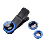 prasku 3 in 1 Mobile Phone Lens Clip-on Fish Eye 180 Degree Wide Angle Lens 10X Macro Lens Set for iPhone, Professional Accessories - Blue