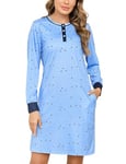 Jahetuul Nuisette Femme Coton à Manches Longue Chemise de Nuit Femme avec Bouton Vêtements de Nuit Femme avec Fermeture Devant Robe de Nuit Femme avec Poches avec Motif Étoilé