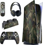 Kit De Autocollants Skin Decal Pour Ps5 Sticker Vinyle Pour Ps5 Console&manette&station De Charge&casque&télécommande Média-Édition Régulière-Camouflage Vert Armée