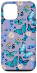 iPhone 15 Pro Blue Butterflies and Floral Pattern on Lavender Purple Case