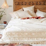 Sedefen Housse de Couette 200 x 200 cm + 2 taie d'oreiller 65x65cm 2 Personne Adulte Bohémien Beige Handicrafts Pompon Embellissement,Parure de Lit Linge de lit Avez Fermeture Éclair