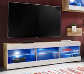 Meuble TV Tivoli RTV Komodee - LED Bleues - Blanc Brillant et Bois naturel - 140 x 41 x 35 cm