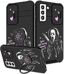 Qerrassa for Samsung Galaxy S21 FE Case with Camera Cover+Ring Holder, S21 FE Hard Case for Women Girly Cute Cartoon Funny Shockproof Phone Cases for Samsung S21 FE 6.4", Heart Skull